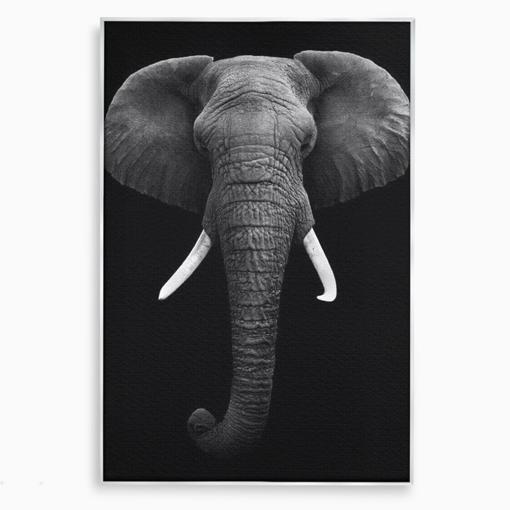Tablou canvas cu tablou canvas cu cap de elefant, in rama de aluminiu argintiu