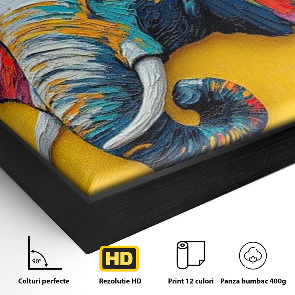 Detaliu al suprafetei: tablou canvas cu elefant colorat si fluturi, in rama de aluminiu negru