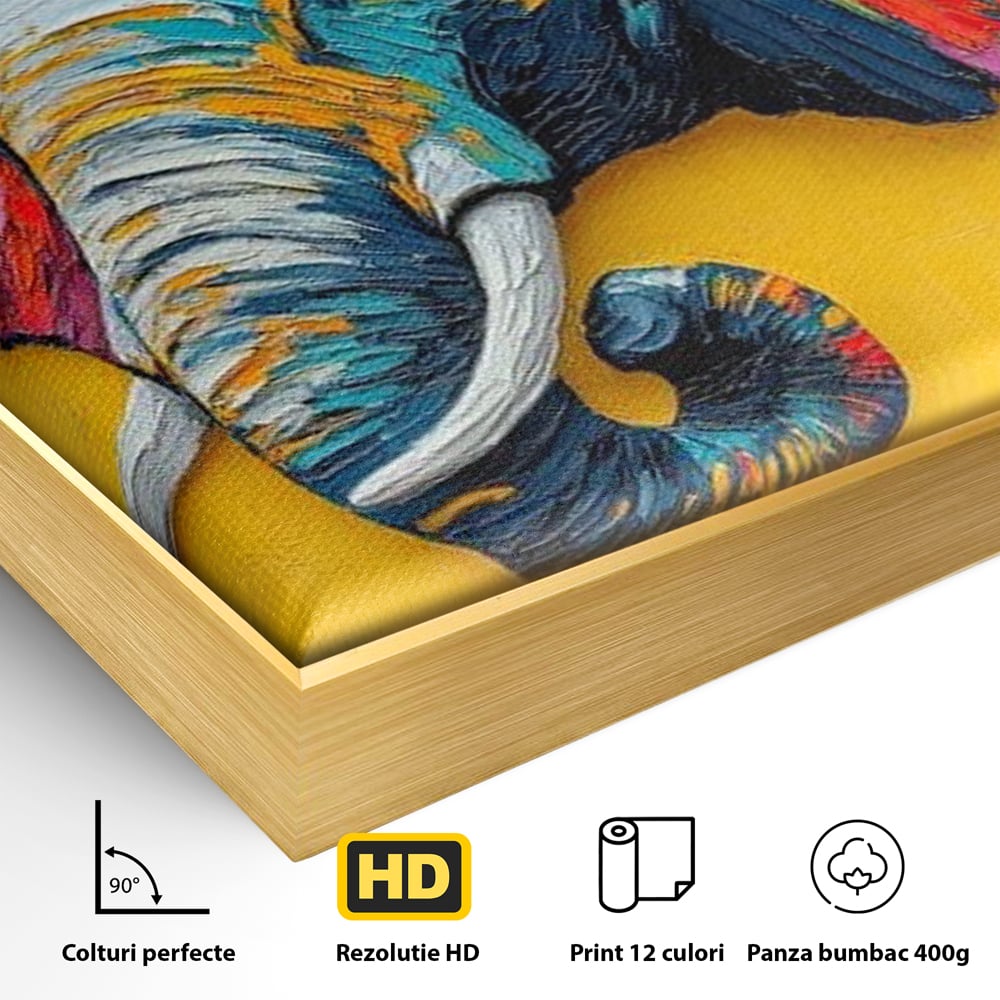 Detaliu al suprafetei: tablou canvas cu elefant colorat si fluturi, in rama de aluminiu auriu