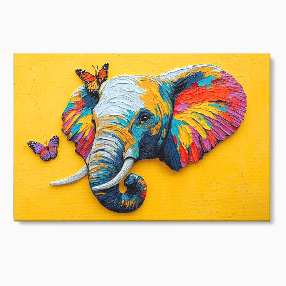 Tablou canvas cu tablou canvas cu elefant colorat si fluturi, fara rama, pe sasiu de lemn