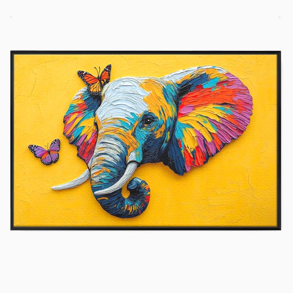 Tablou canvas cu tablou canvas cu elefant colorat si fluturi, in rama de aluminiu negru