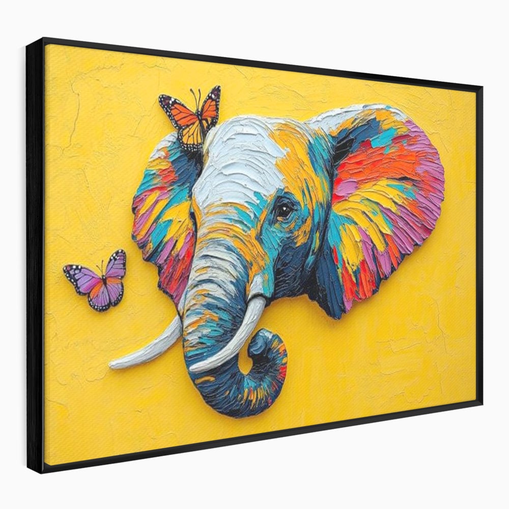 Tablou canvas cu tablou canvas cu elefant colorat si fluturi, in rama de aluminiu negru