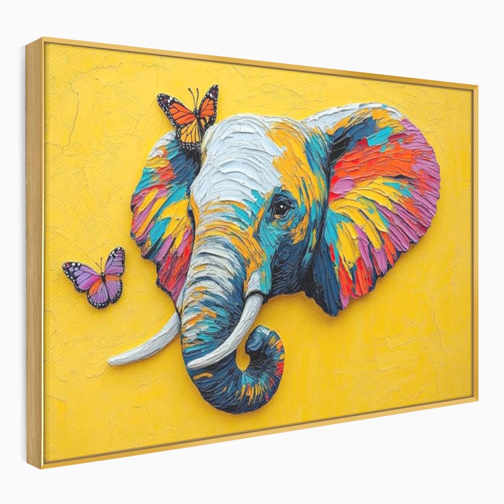 Tablou canvas cu tablou canvas cu elefant colorat si fluturi, in rama de aluminiu auriu