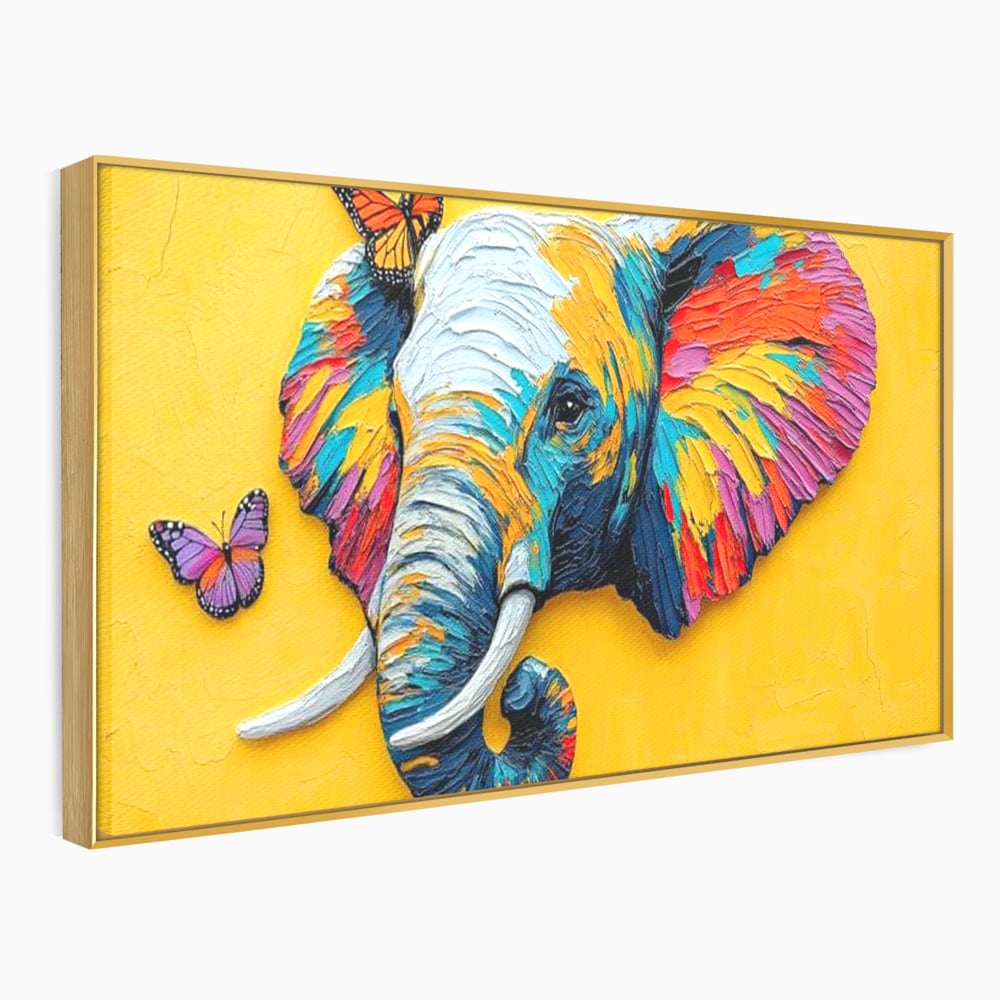 Tablou canvas cu tablou canvas cu elefant colorat si fluturi, in rama de aluminiu auriu