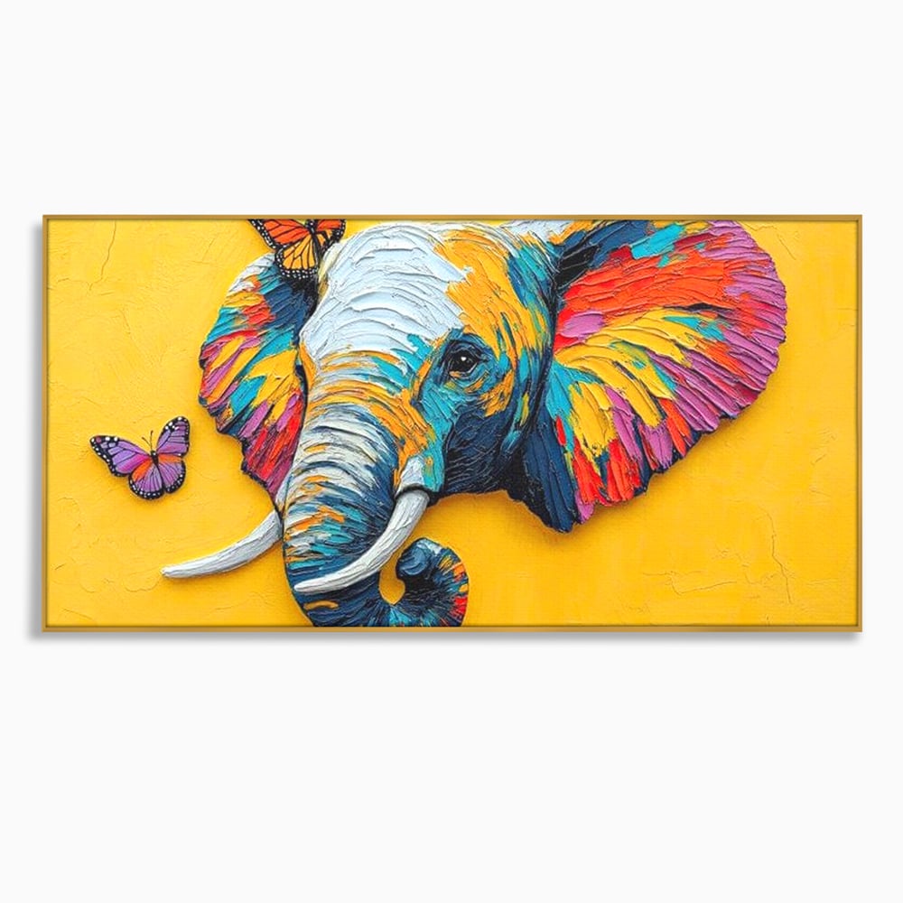 Tablou canvas cu tablou canvas cu elefant colorat si fluturi, in rama de aluminiu auriu