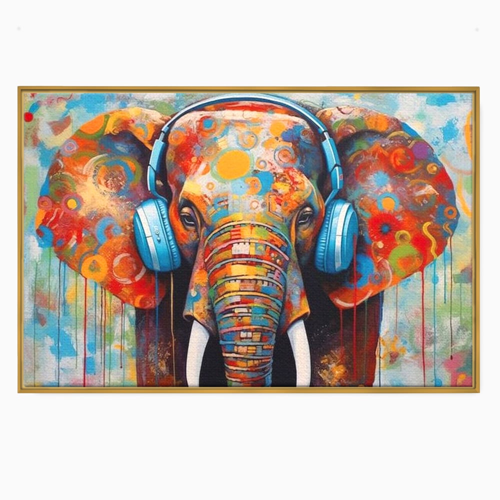 Tablou canvas cu pictura cu elefant colorat si casti, in rama de aluminiu auriu
