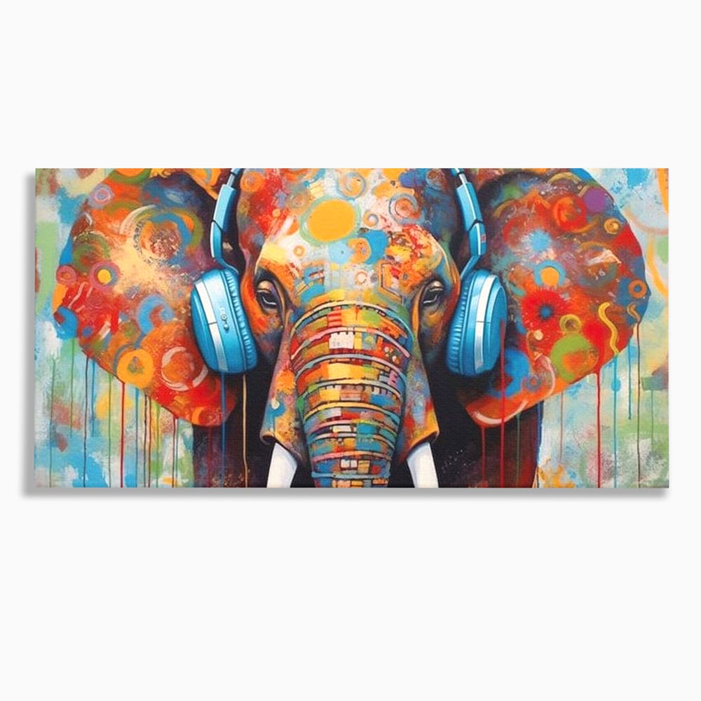 Tablou canvas cu pictura cu elefant colorat si casti, fara rama, pe sasiu de lemn