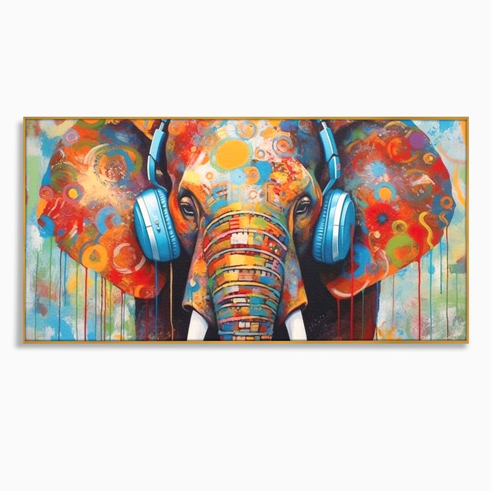 Tablou canvas cu pictura cu elefant colorat si casti, in rama de aluminiu auriu