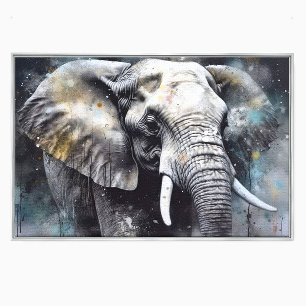 Tablou canvas cu tablou canvas cu cap de elefant, in rama de aluminiu argintiu