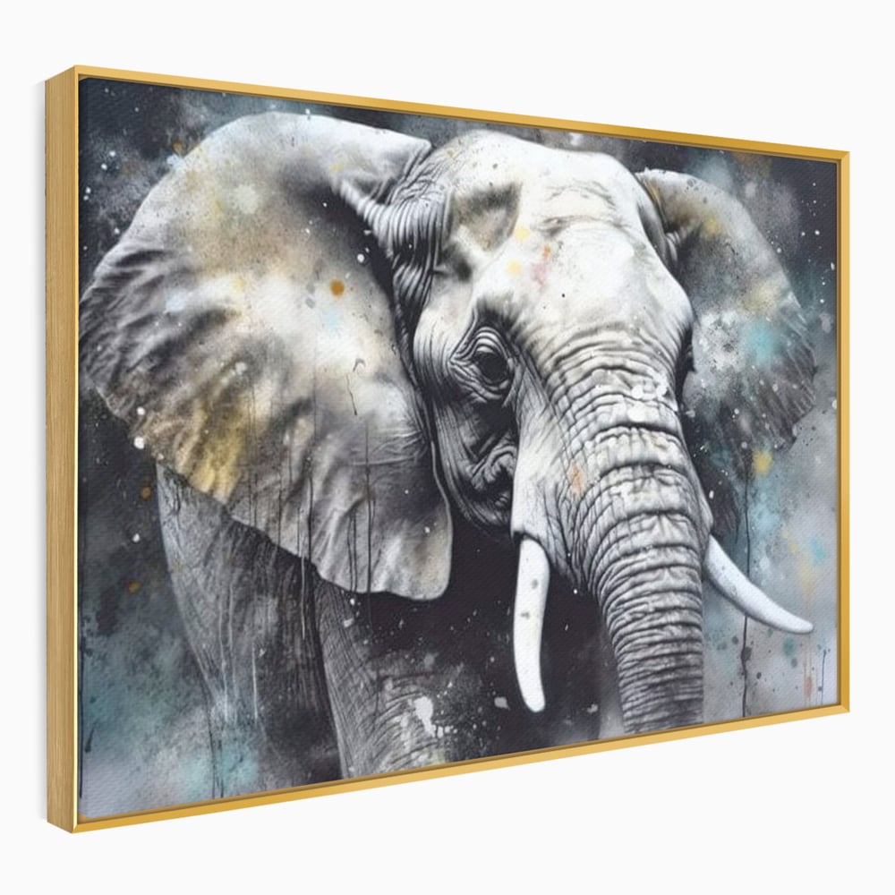 Tablou canvas cu tablou canvas cu cap de elefant, in rama de aluminiu auriu