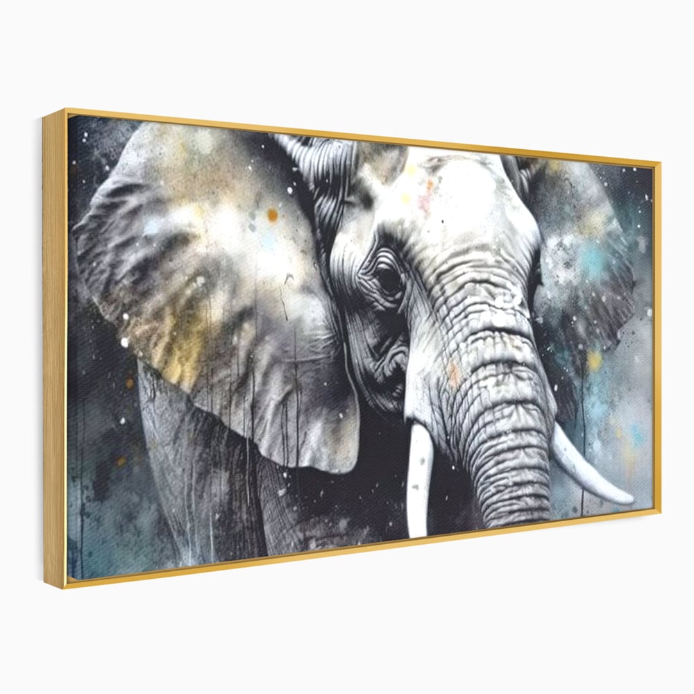 Tablou canvas cu tablou canvas cu cap de elefant, in rama de aluminiu auriu