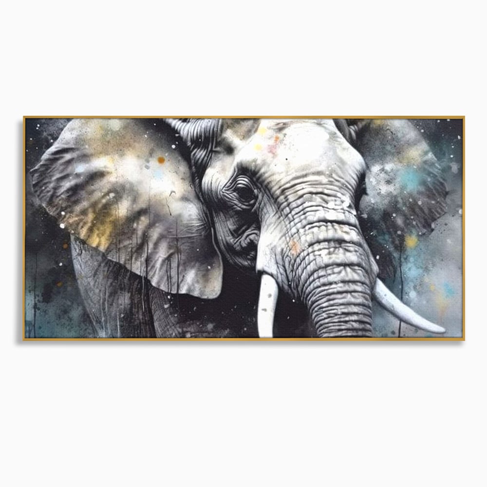 Tablou canvas cu tablou canvas cu cap de elefant, in rama de aluminiu auriu