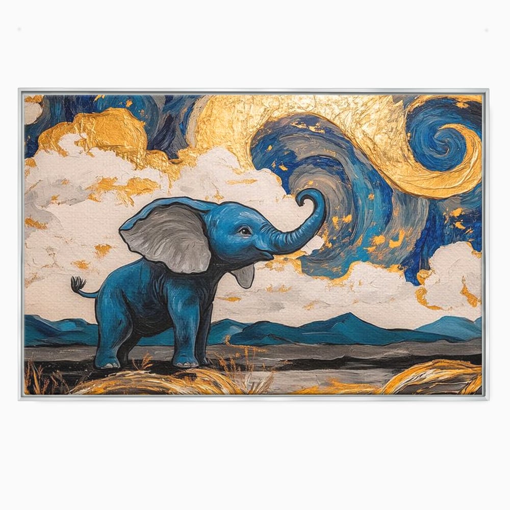 Tablou canvas cu tablou canvas cu elefant albastru, in rama de aluminiu argintiu