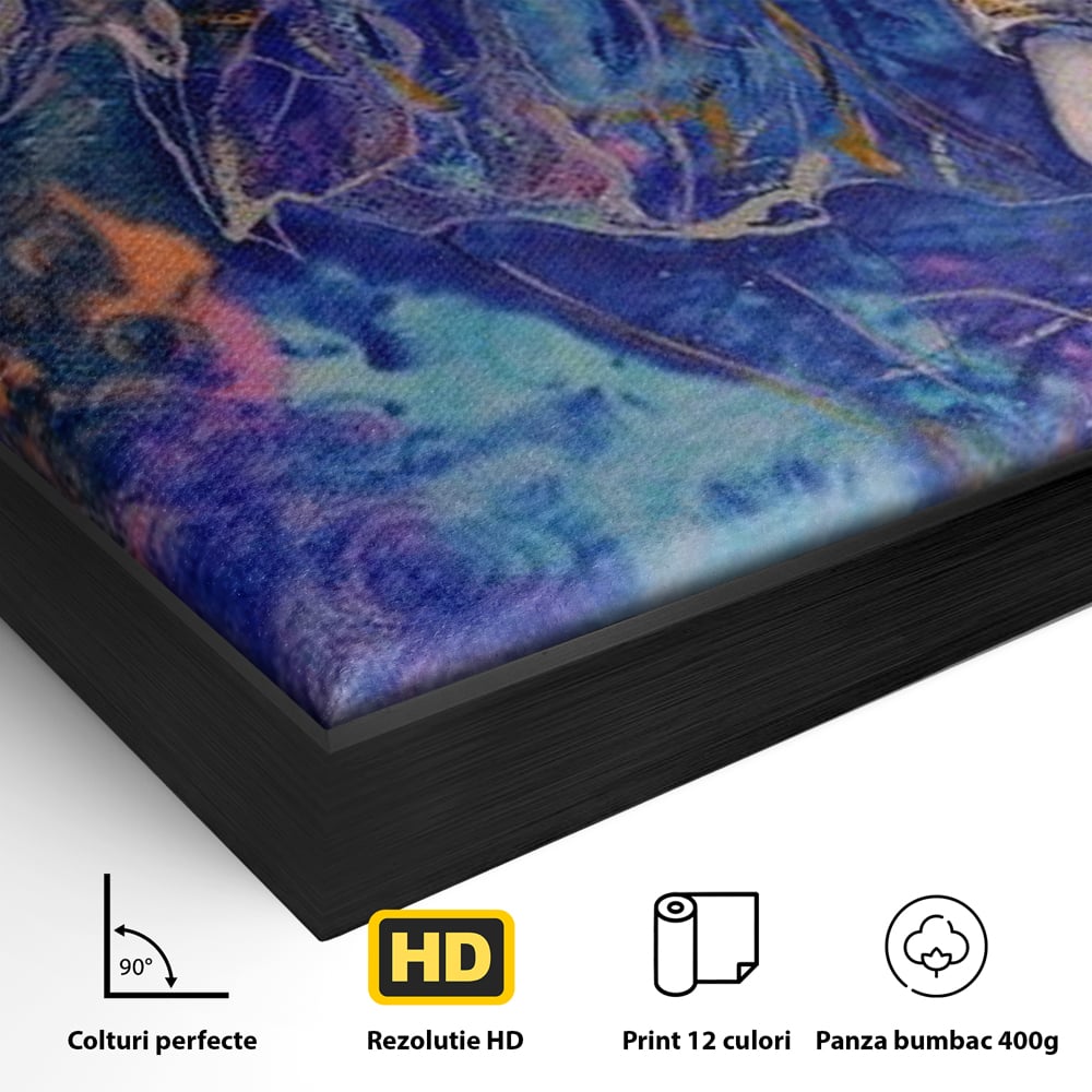 Detaliu al suprafetei: tablou canvas cu profil de elefant in culori vibrante, in rama de aluminiu negru