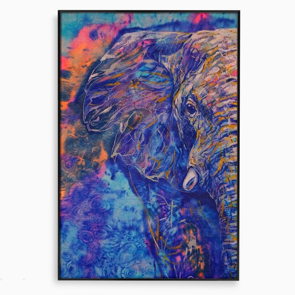 Tablou canvas cu tablou canvas cu profil de elefant in culori vibrante, in rama de aluminiu negru