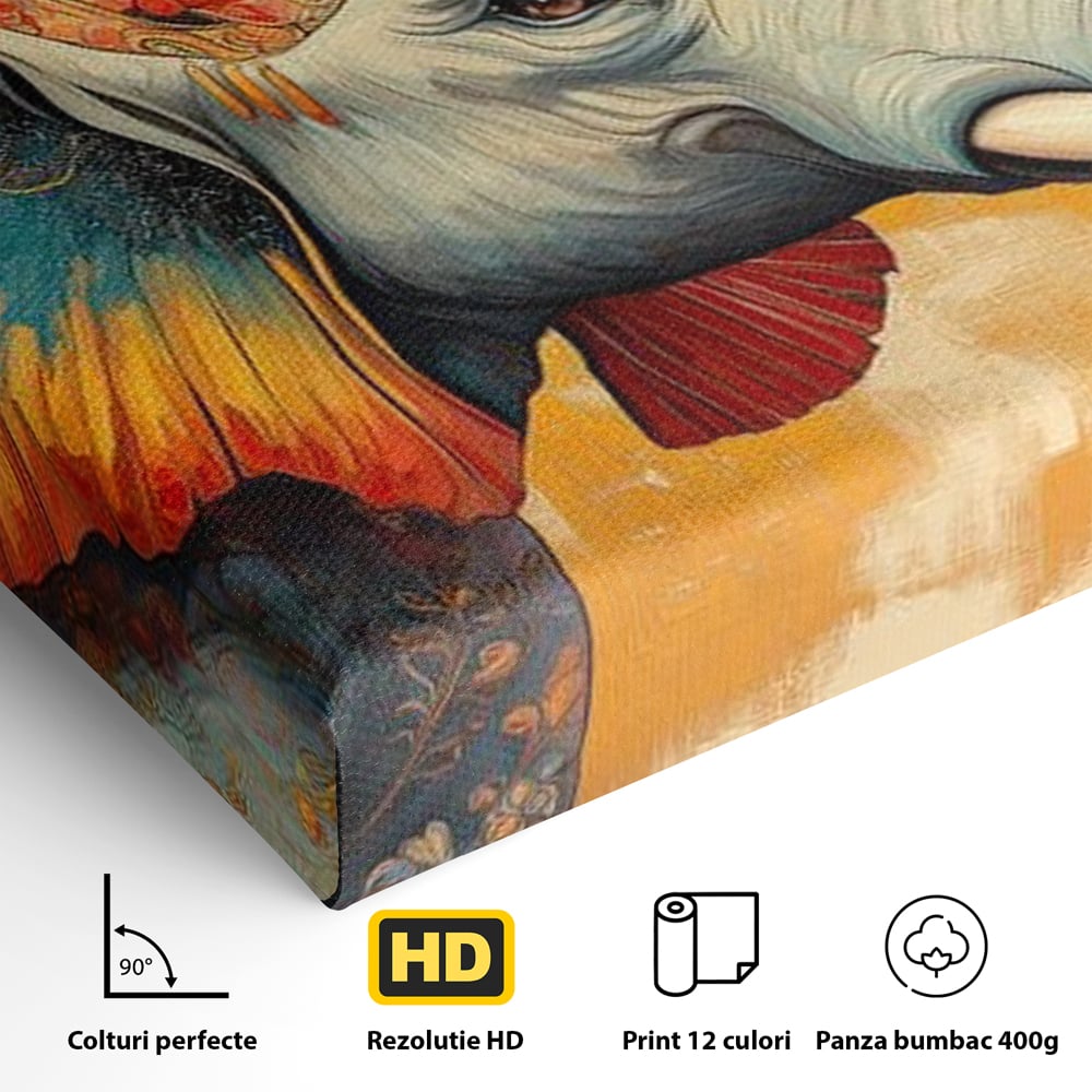 Detaliu al suprafetei: tablou canvas cu elefant decorat in stil oriental, fara rama, pe sasiu de lemn