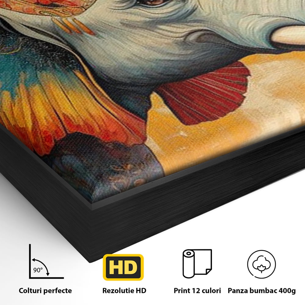 Detaliu al suprafetei: tablou canvas cu elefant decorat in stil oriental, in rama de aluminiu negru