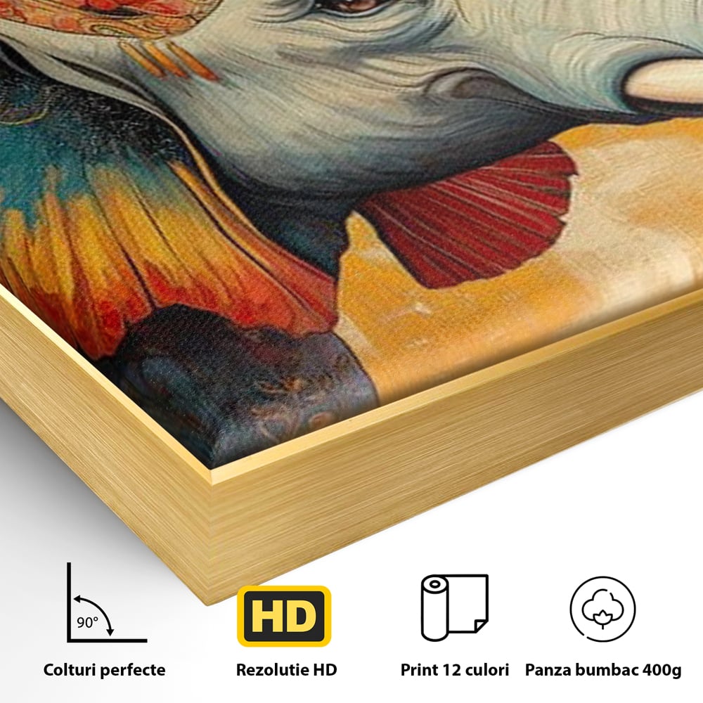 Detaliu al suprafetei: tablou canvas cu elefant decorat in stil oriental, in rama de aluminiu auriu