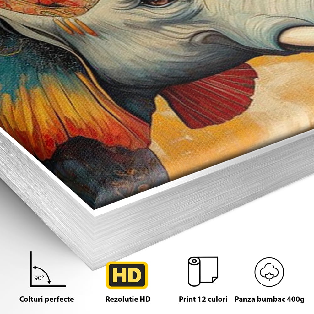 Detaliu al suprafetei: tablou canvas cu elefant decorat in stil oriental, in rama de aluminiu argintiu