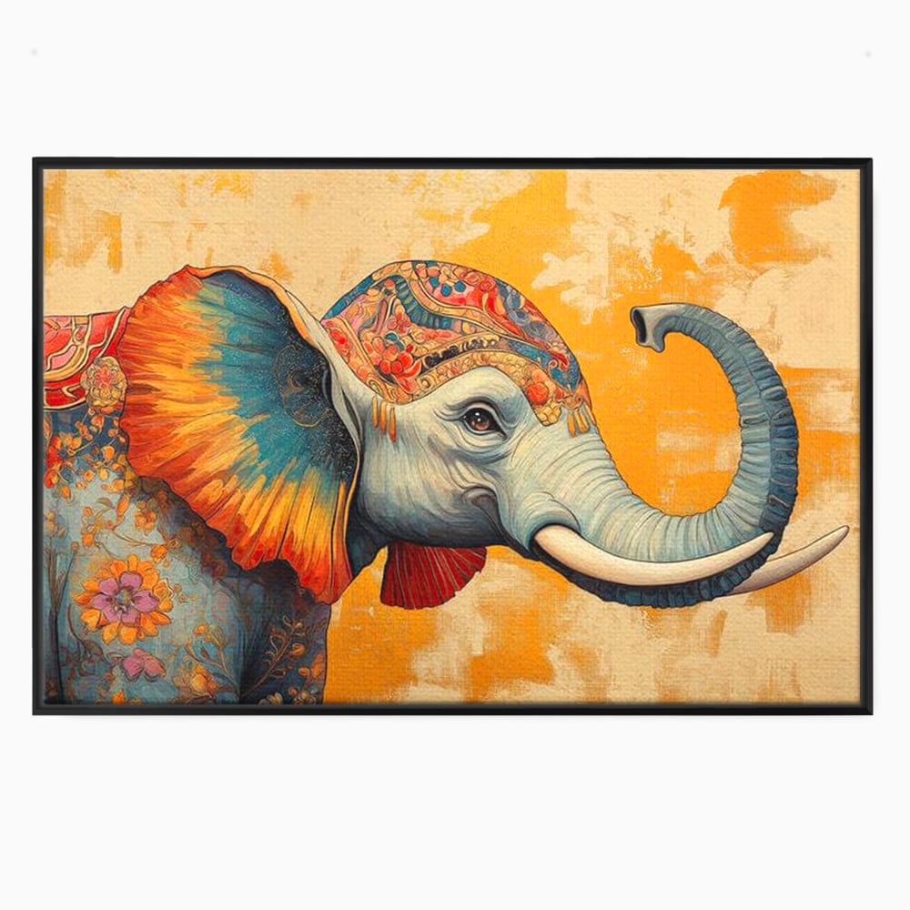 Tablou canvas cu tablou canvas cu elefant decorat in stil oriental, in rama de aluminiu negru