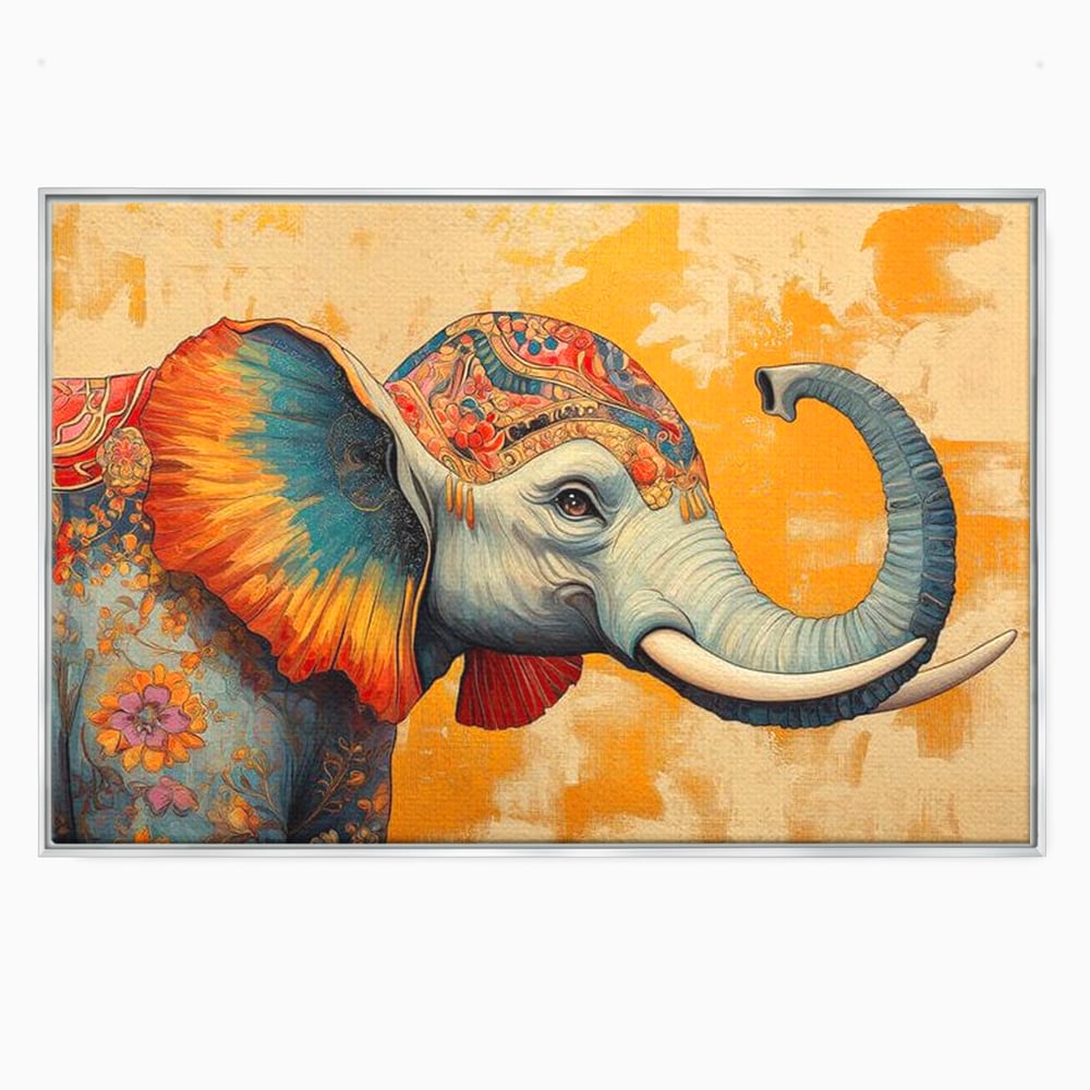 Tablou canvas cu tablou canvas cu elefant decorat in stil oriental, in rama de aluminiu argintiu