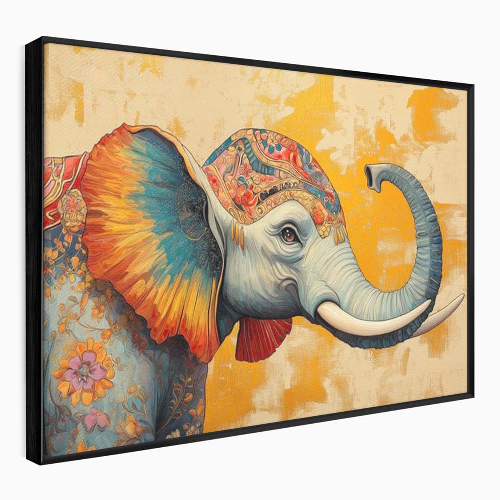 Tablou canvas cu tablou canvas cu elefant decorat in stil oriental, in rama de aluminiu negru
