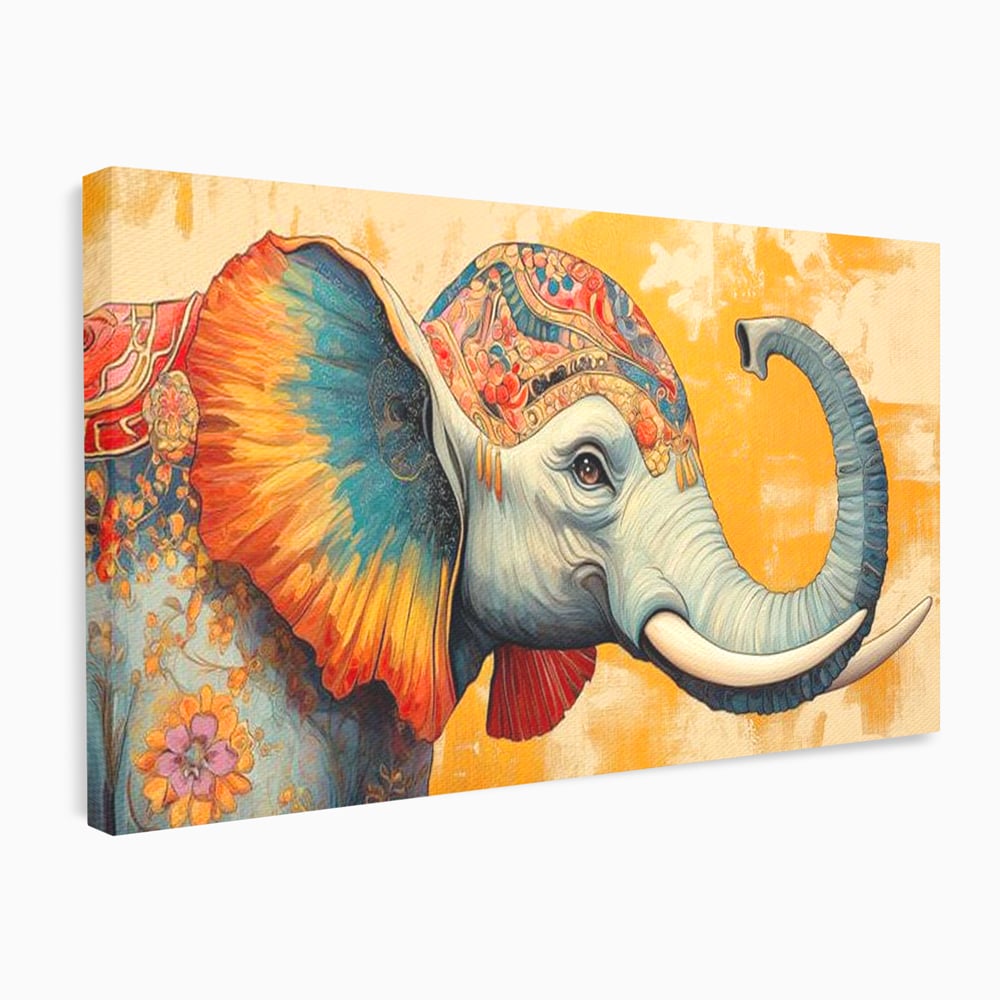 Tablou canvas cu tablou canvas cu elefant decorat in stil oriental, fara rama, pe sasiu de lemn