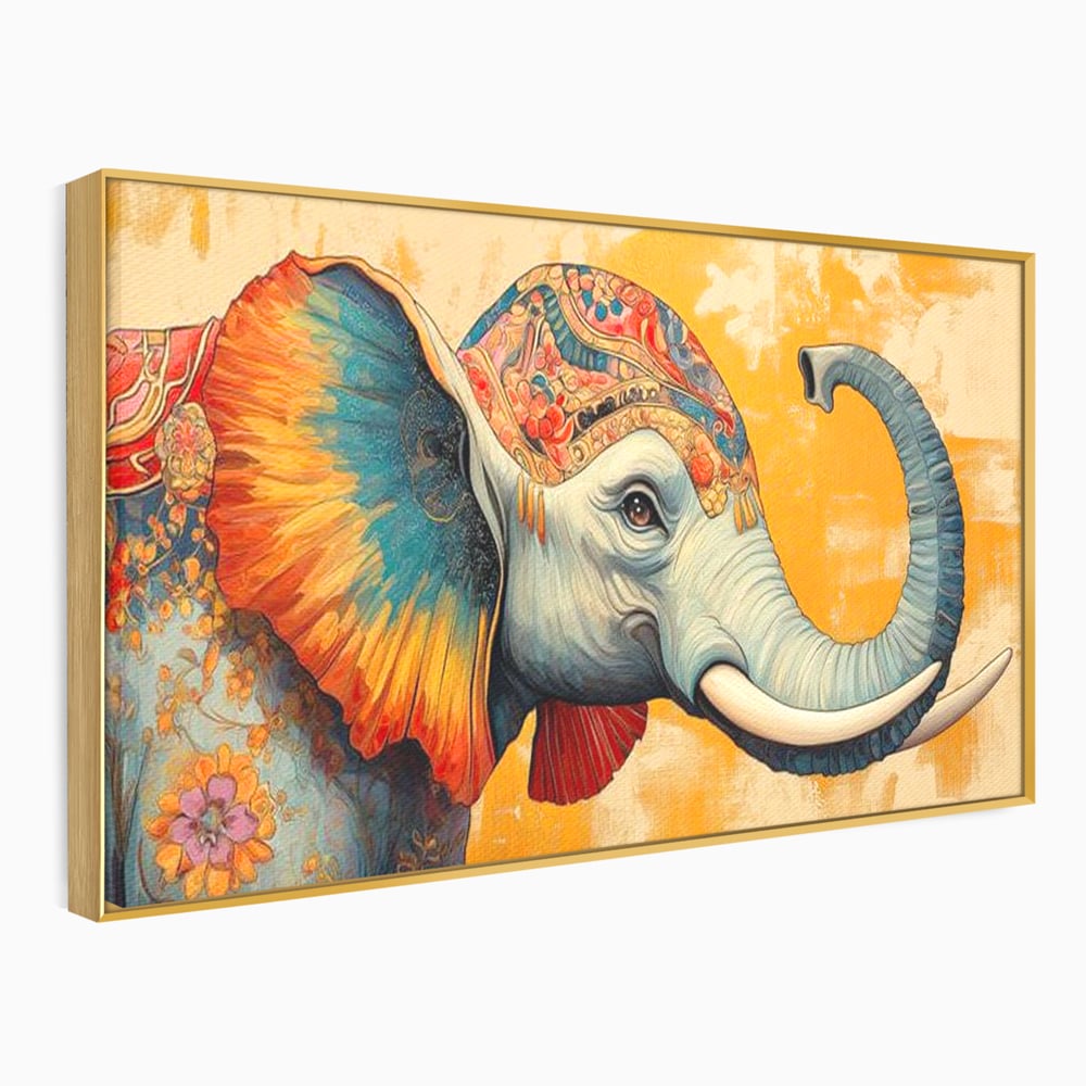 Tablou canvas cu tablou canvas cu elefant decorat in stil oriental, in rama de aluminiu auriu