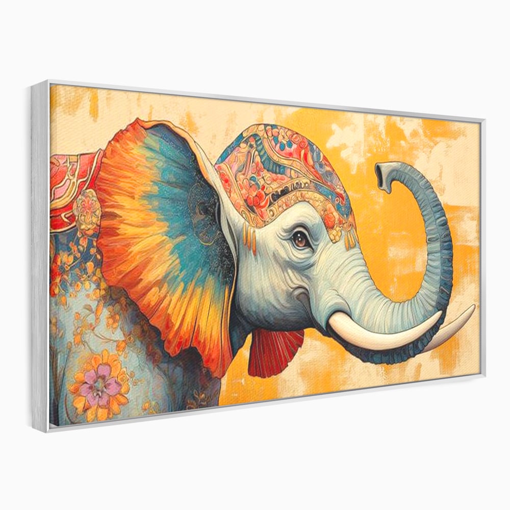 Tablou canvas cu tablou canvas cu elefant decorat in stil oriental, in rama de aluminiu argintiu