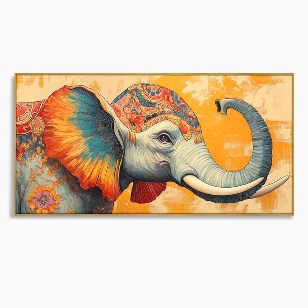 Tablou canvas cu tablou canvas cu elefant decorat in stil oriental, in rama de aluminiu auriu