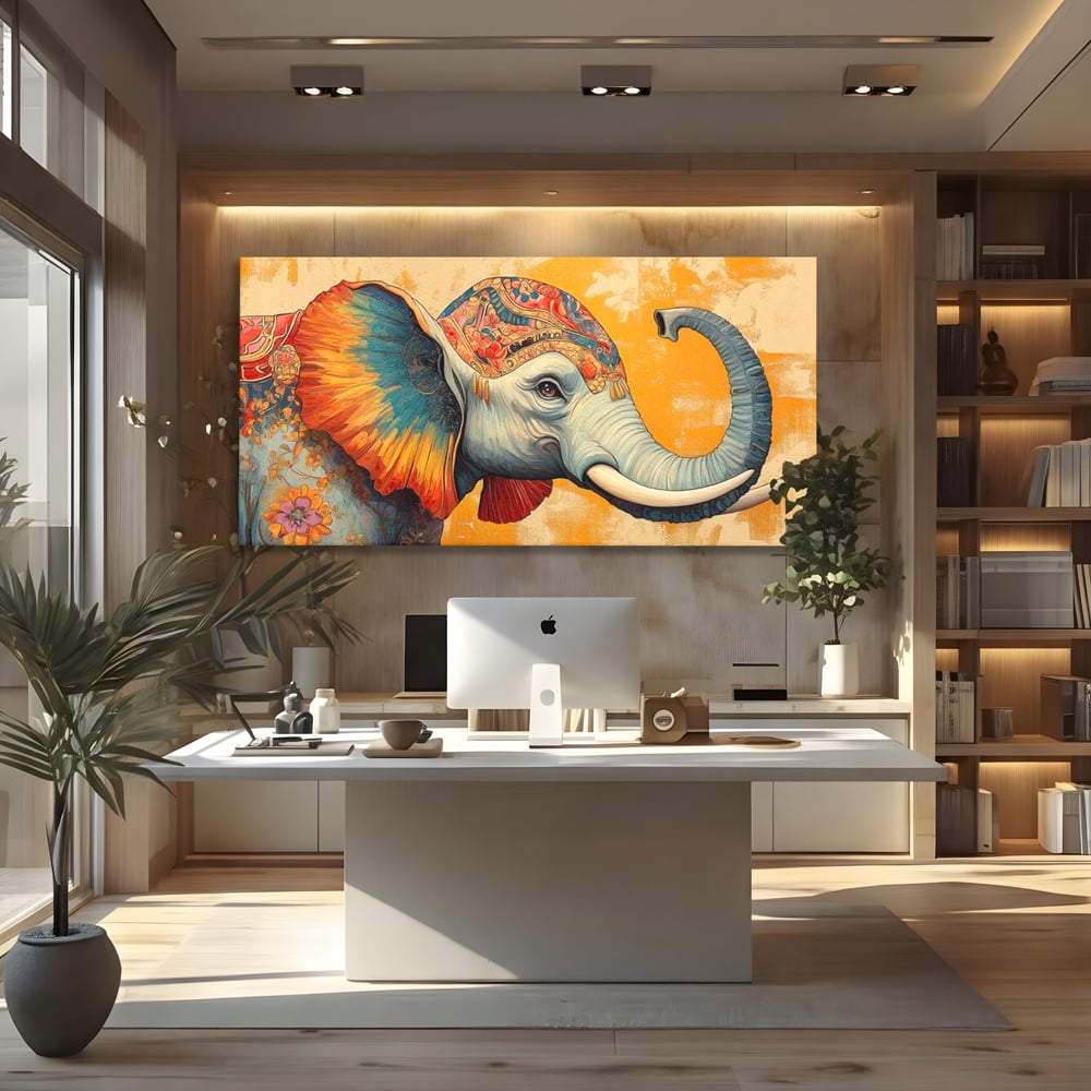 Tablou canvas cu tablou canvas cu elefant decorat in stil oriental, fara rama, pe sasiu de lemn, pe perete intr-un birou
