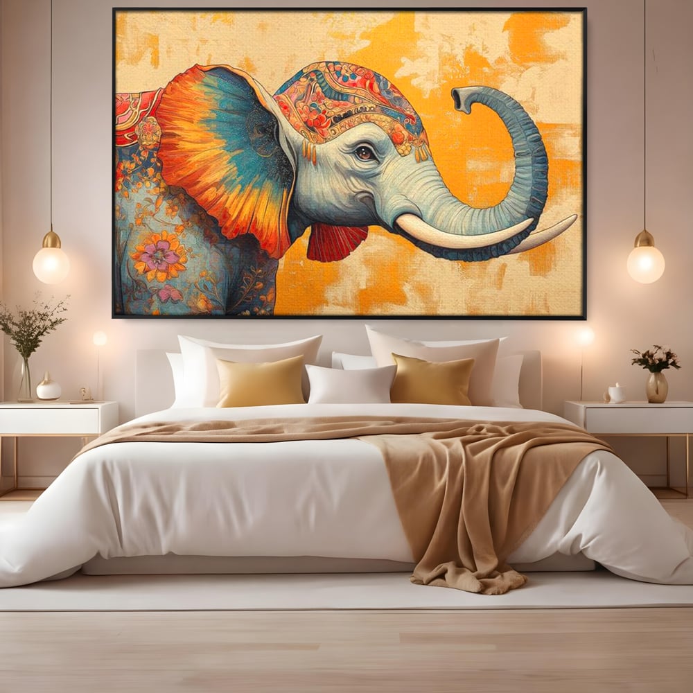 Tablou canvas cu tablou canvas cu elefant decorat in stil oriental, in rama de aluminiu negru, pe perete intr-un dormitor