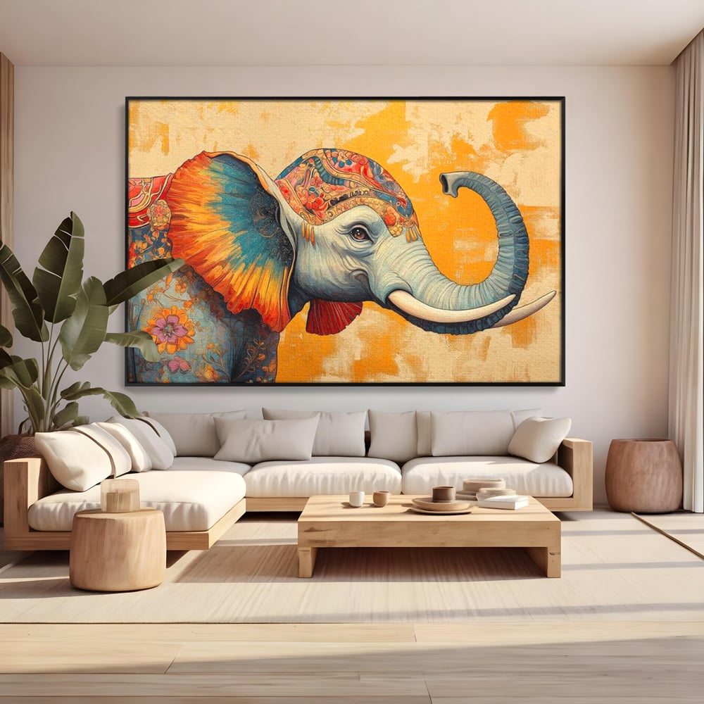 Tablou canvas cu tablou canvas cu elefant decorat in stil oriental, in rama de aluminiu negru, pe perete intr-un living