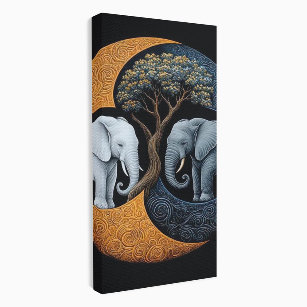 Tablou canvas cu tablou canvas cu elefanti si yin si yang, fara rama, pe sasiu de lemn