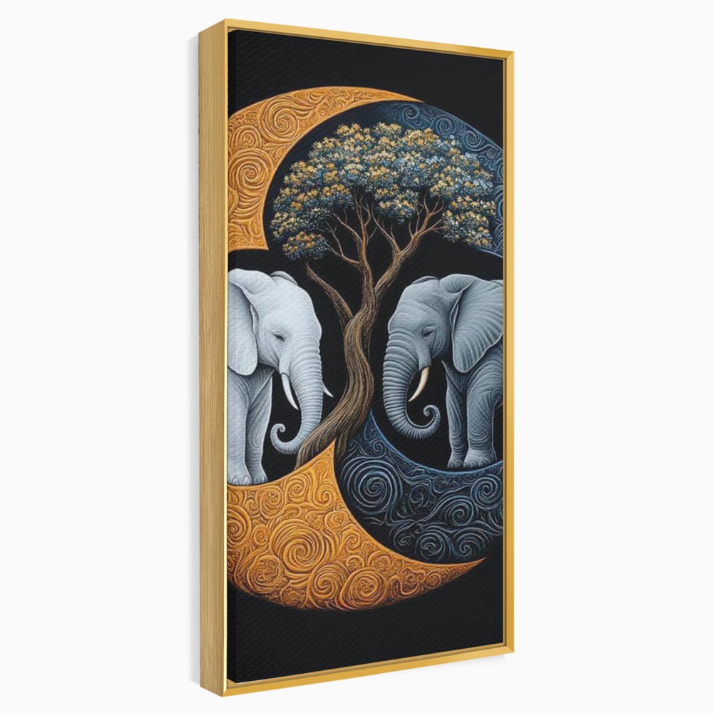 Tablou canvas cu tablou canvas cu elefanti si yin si yang, in rama de aluminiu auriu
