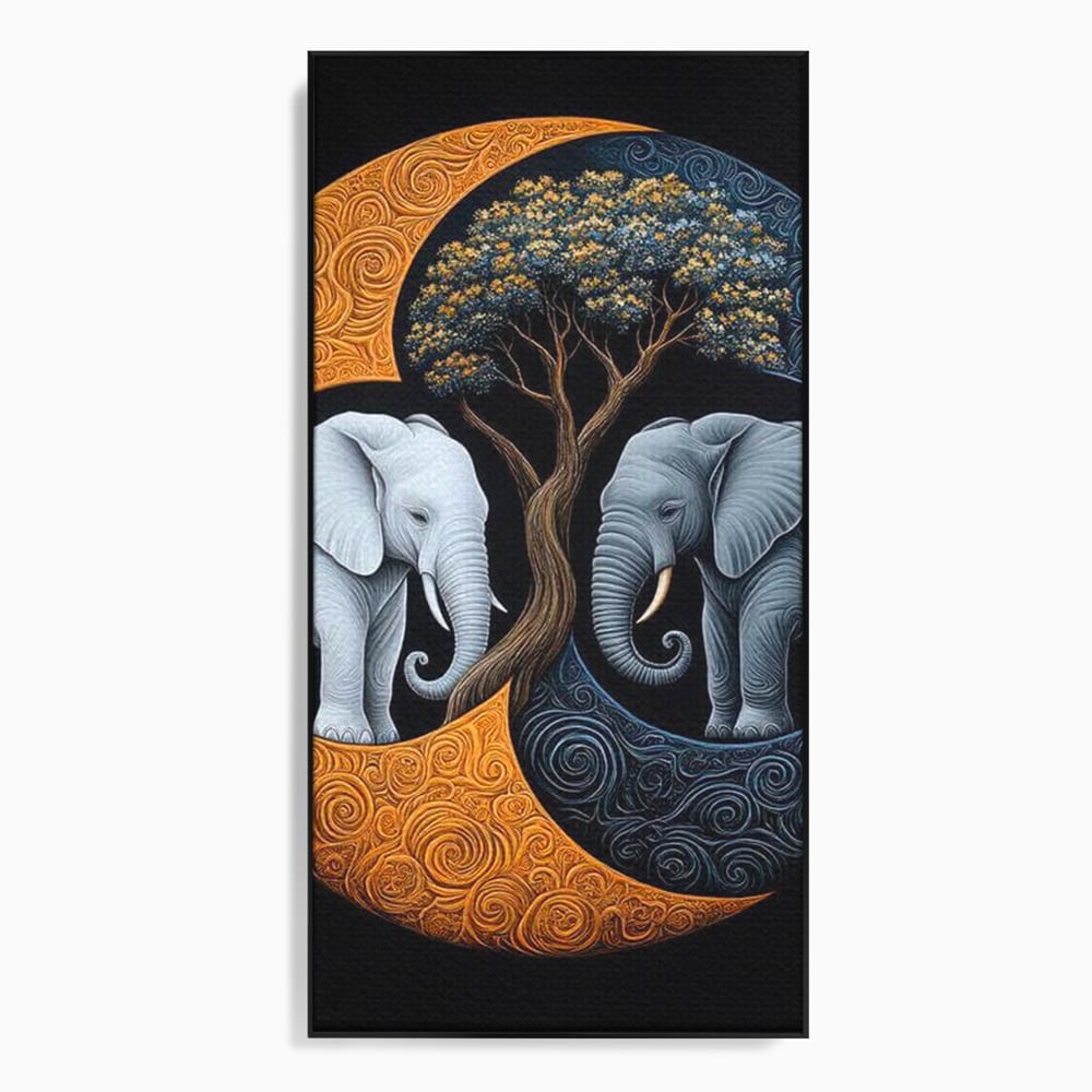 Tablou canvas cu tablou canvas cu elefanti si yin si yang, in rama de aluminiu negru