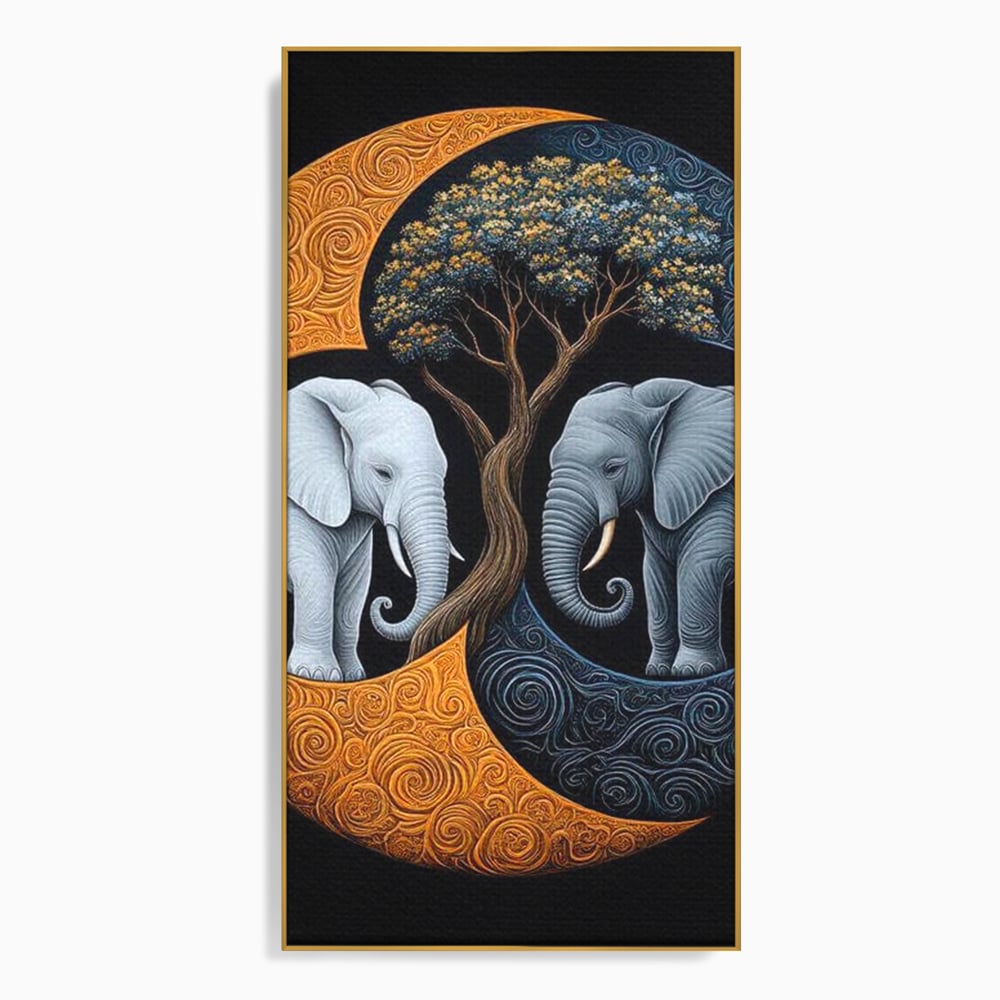 Tablou canvas cu tablou canvas cu elefanti si yin si yang, in rama de aluminiu auriu