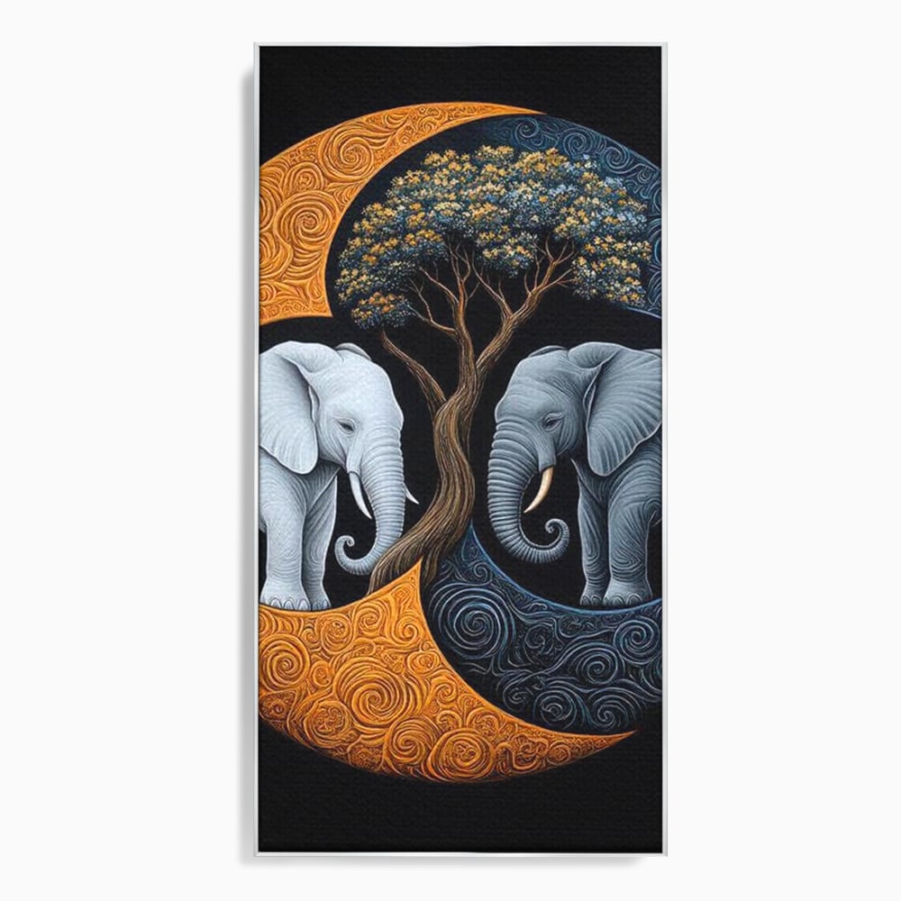 Tablou canvas cu tablou canvas cu elefanti si yin si yang, in rama de aluminiu argintiu