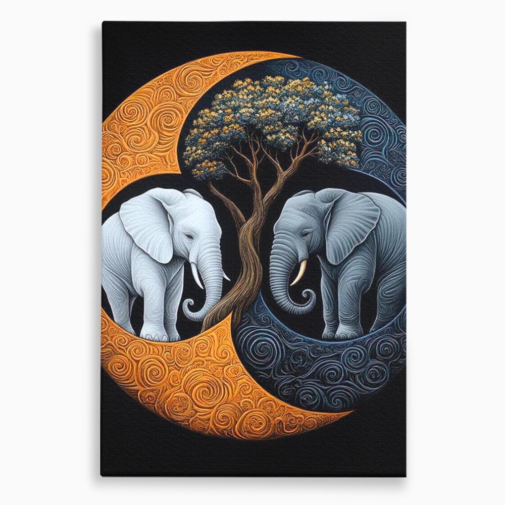 Tablou canvas cu tablou canvas cu elefanti si yin si yang, fara rama, pe sasiu de lemn