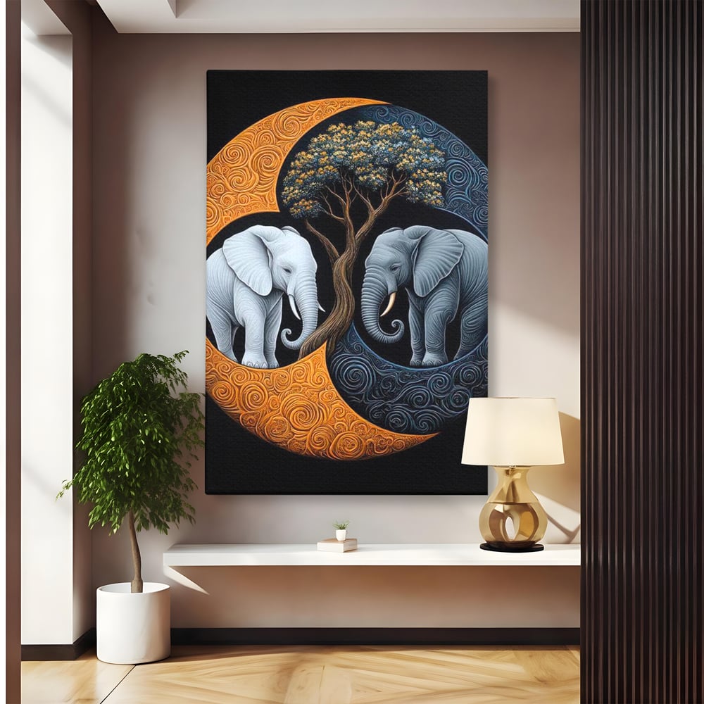 Tablou canvas cu tablou canvas cu elefanti si yin si yang, fara rama, pe sasiu de lemn
