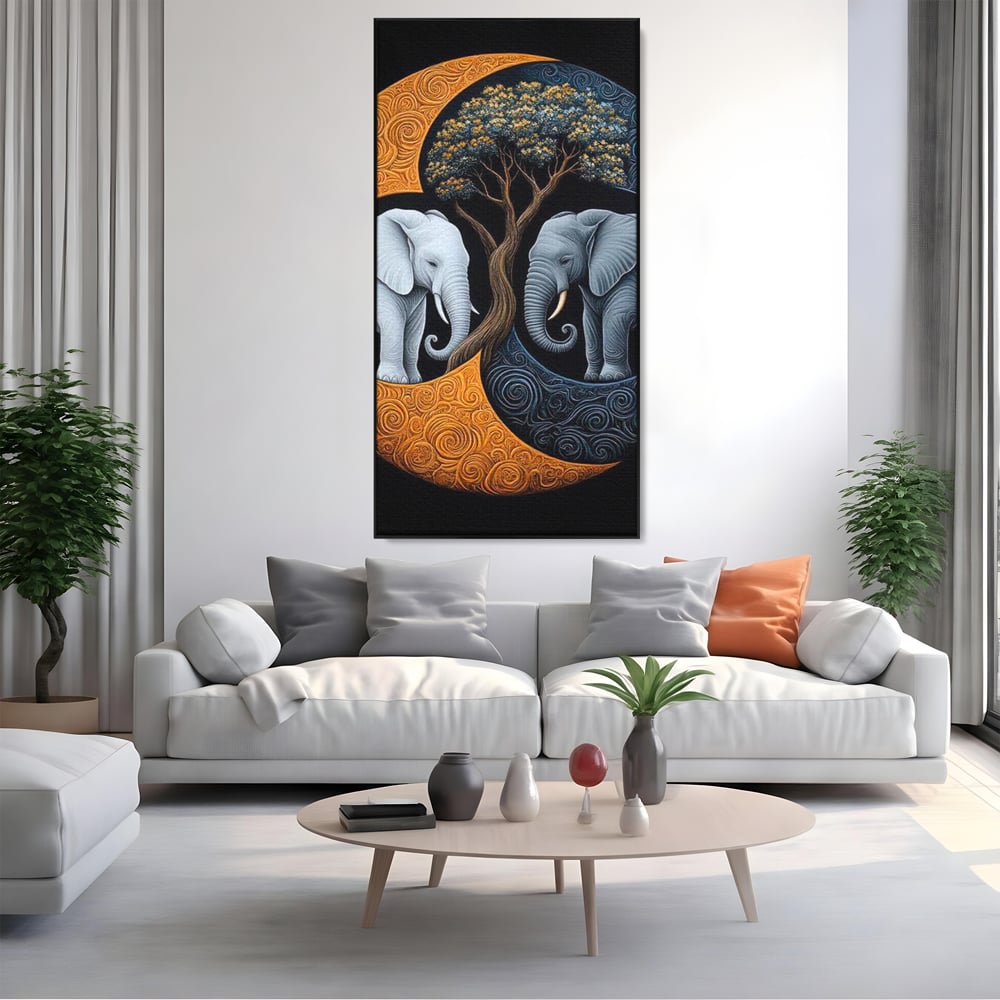 Tablou canvas cu tablou canvas cu elefanti si yin si yang, in rama de aluminiu negru, pe perete intr-un living