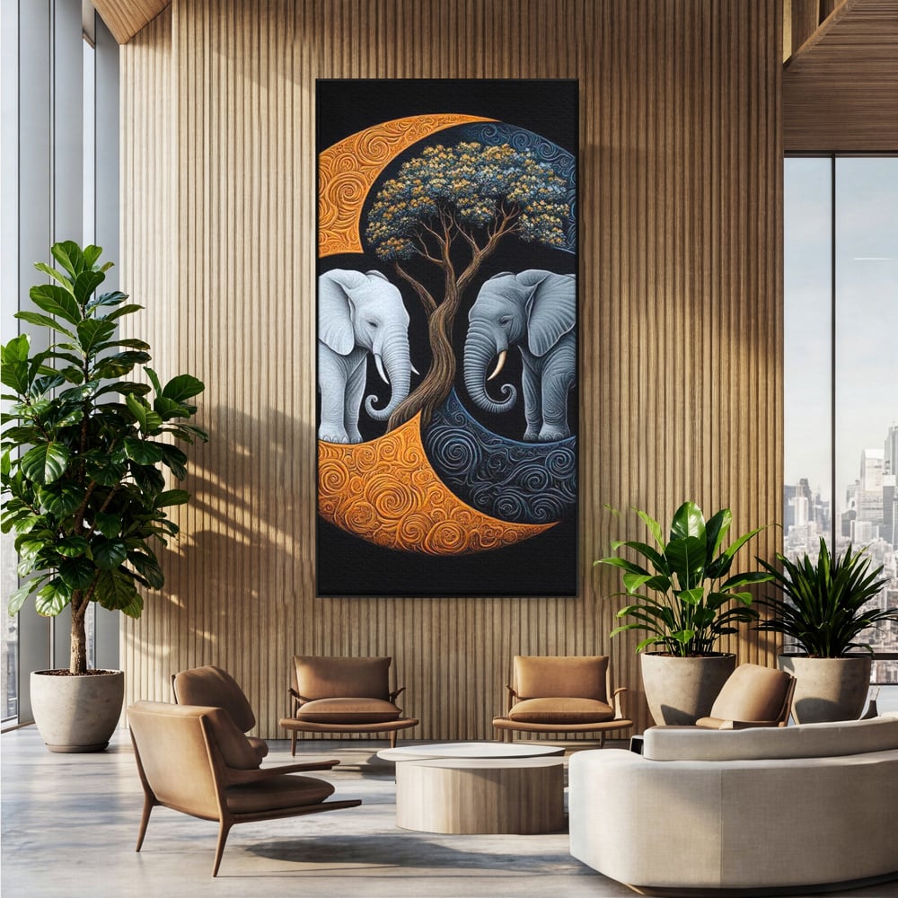 Tablou canvas cu tablou canvas cu elefanti si yin si yang, in rama de aluminiu negru, pe perete intr-un birou