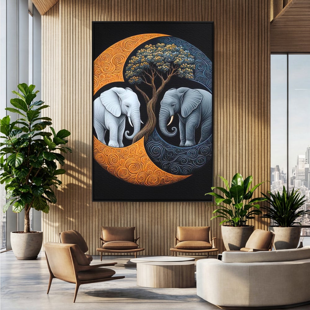 Tablou canvas cu tablou canvas cu elefanti si yin si yang, in rama de aluminiu negru, pe perete intr-un birou