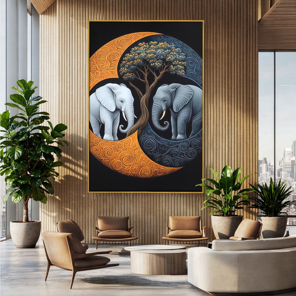 Tablou canvas cu tablou canvas cu elefanti si yin si yang, in rama de aluminiu auriu, pe perete intr-un birou