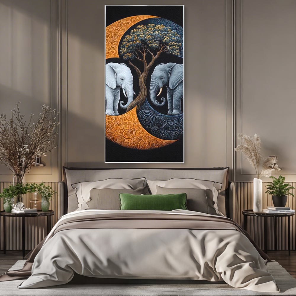 Tablou canvas cu tablou canvas cu elefanti si yin si yang, in rama de aluminiu argintiu, pe perete intr-un dormitor