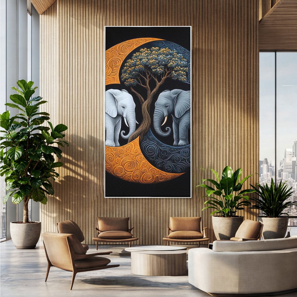 Tablou canvas cu tablou canvas cu elefanti si yin si yang, in rama de aluminiu argintiu, pe perete intr-un birou