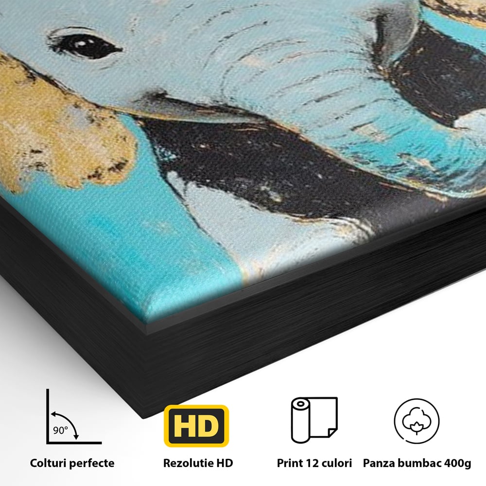 Detaliu al suprafetei: tablou canvas cu un pui de elefant, in rama de aluminiu negru