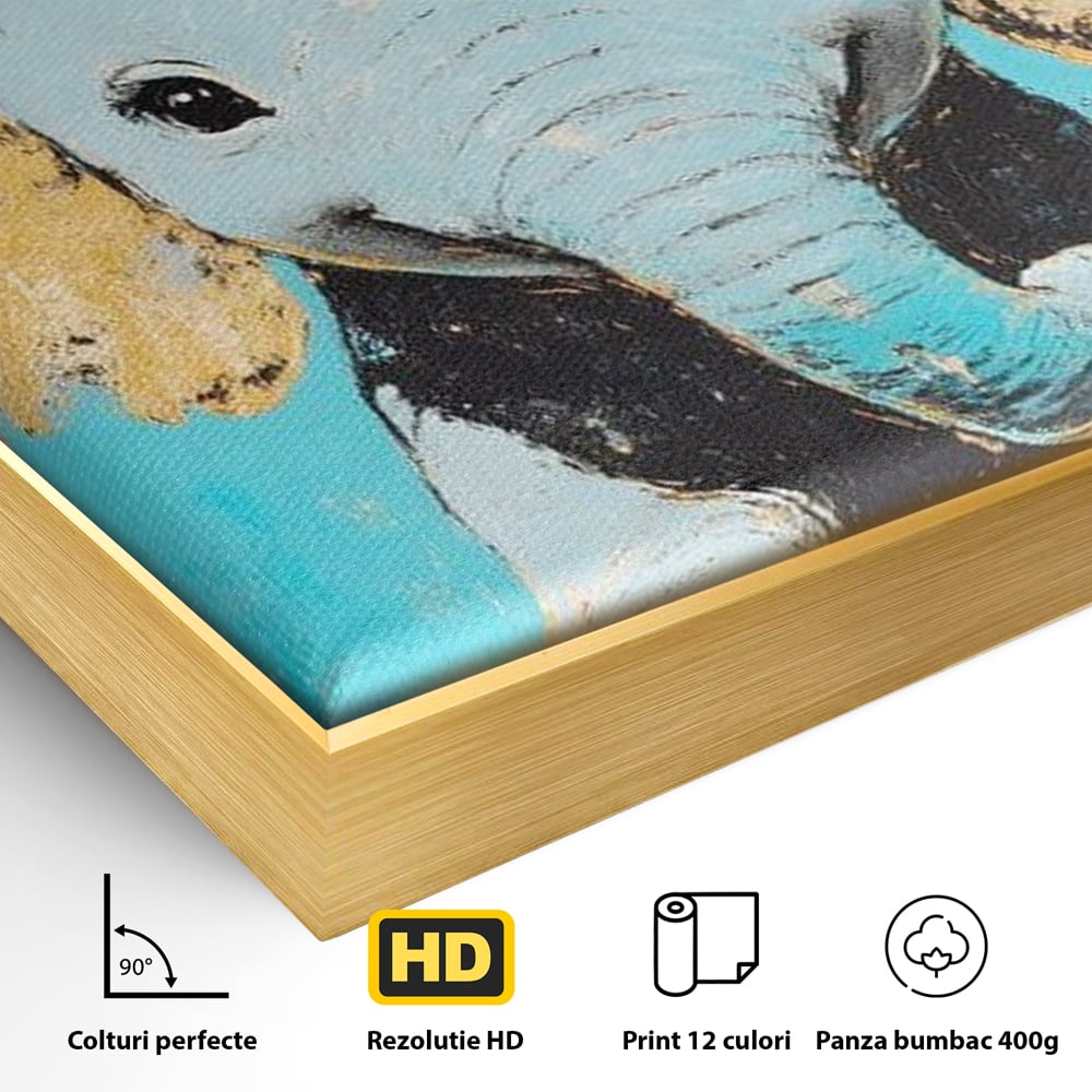 Detaliu al suprafetei: tablou canvas cu un pui de elefant, in rama de aluminiu auriu