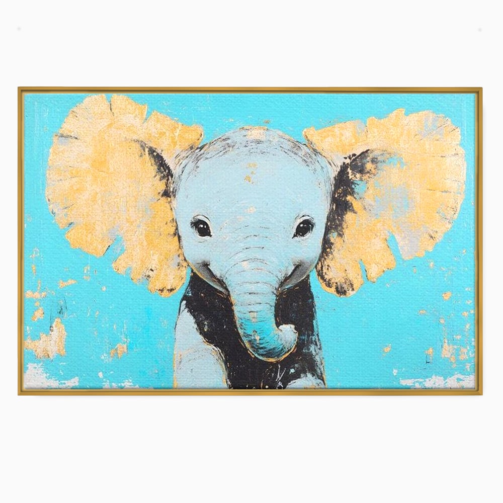 Tablou canvas cu tablou canvas cu un pui de elefant, in rama de aluminiu auriu