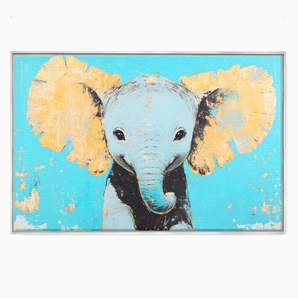 Tablou canvas cu tablou canvas cu un pui de elefant, in rama de aluminiu argintiu